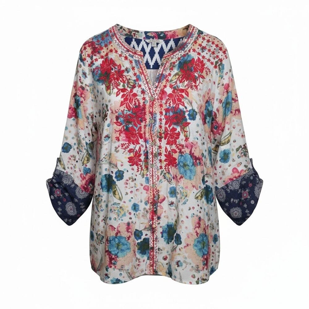 John Mark Mix Floral Button Front Tunic Embroidered 3/4 Sleeve Light Women's 1x - Picture 3 of 9